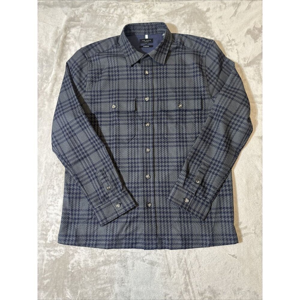 Men’s Ted Baker Flannel Overshirt Gray Navy Blue Size 4 Large